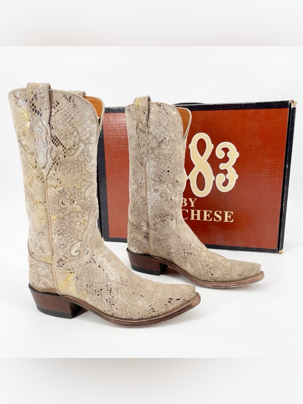 Lucchese Women’s 7 Stone Metallic Python Print Suede Snip Toe Western Boots
